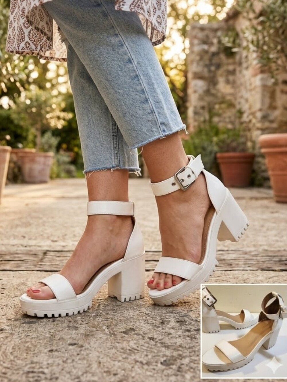 Nasty Gal White Chunky Platform Wrap Ankle Block Heels  Sandals size 9